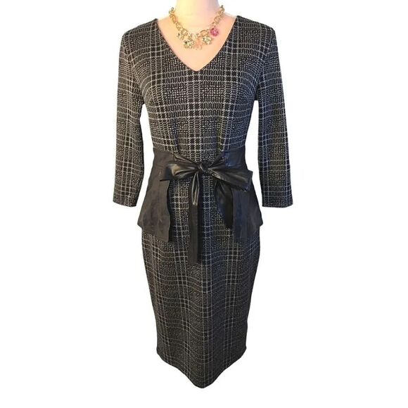 New York & Co Black Plaid Vegan Leather Bow Sheath Midi Dress Small - Picture 8 of 16